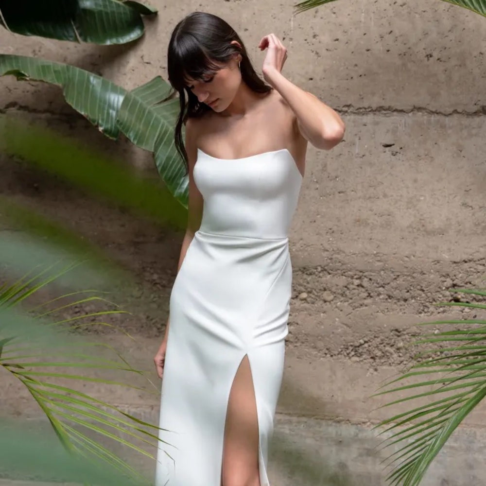 Jenny Yoo White Strapless Slit Evening Dress